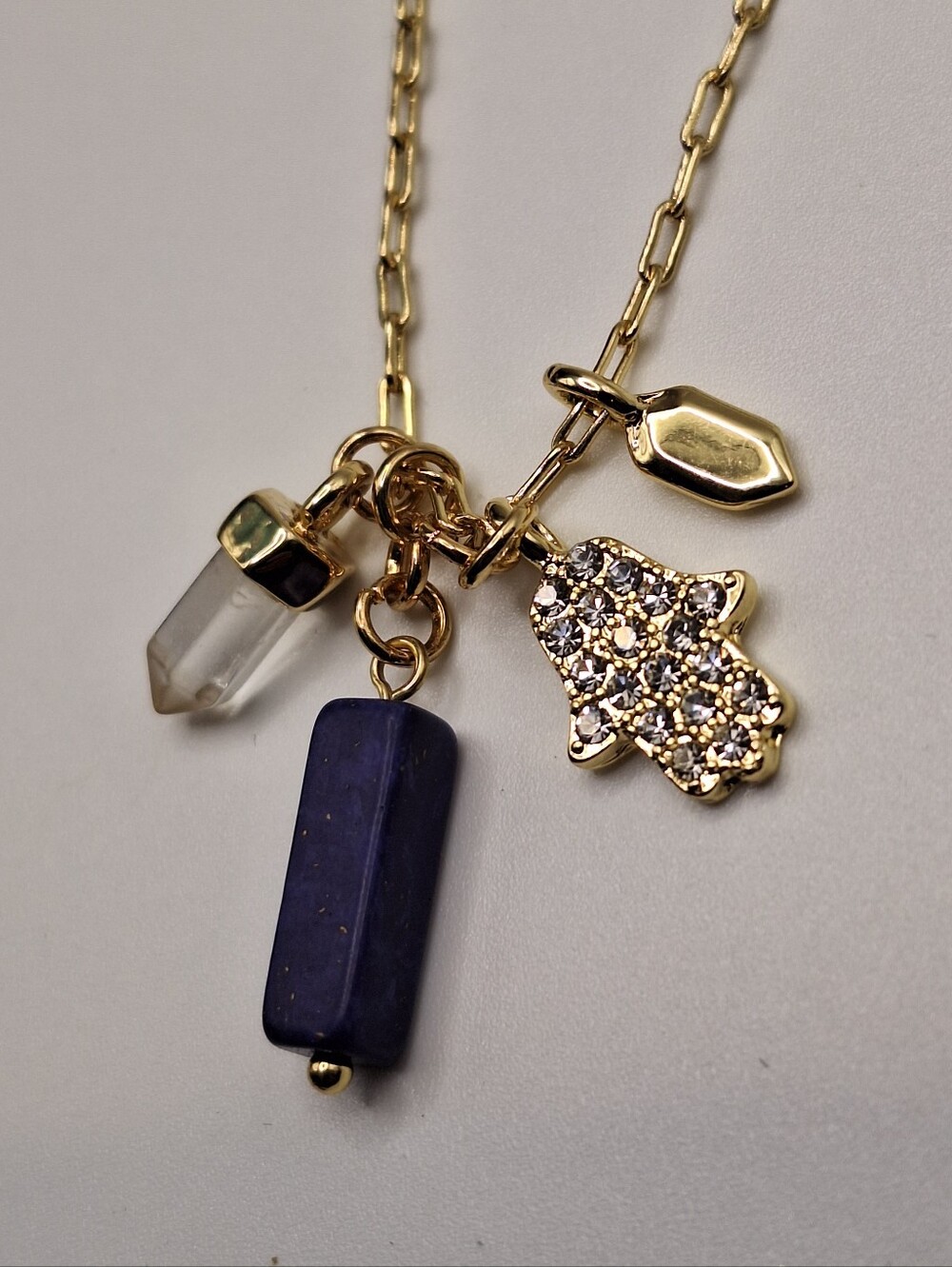 Gold Hamsa Charm Necklace with Blue Lapis and Clear Crystal